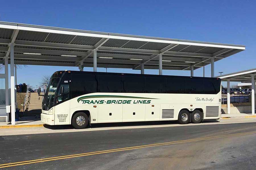 Craig Kackenmeister<br>A Trans-Bridge bus waits for passengers at the Lehigh Valley International Airport Bus Terminal