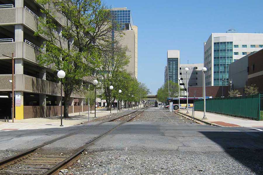 Bus crossing railroad in Reading, Berks County